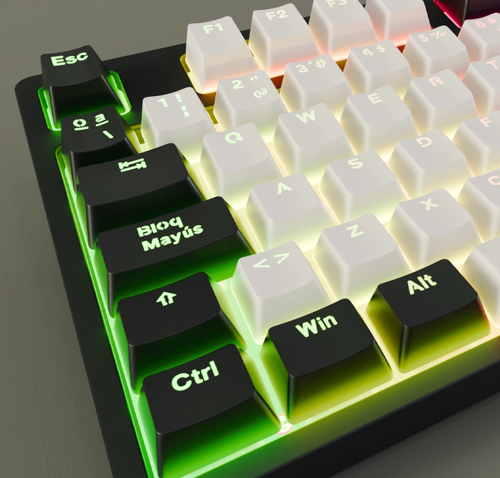 Detalle de las teclas de función y navegación del teclado mecánico Yokai EX80 con iluminación RGB verde.