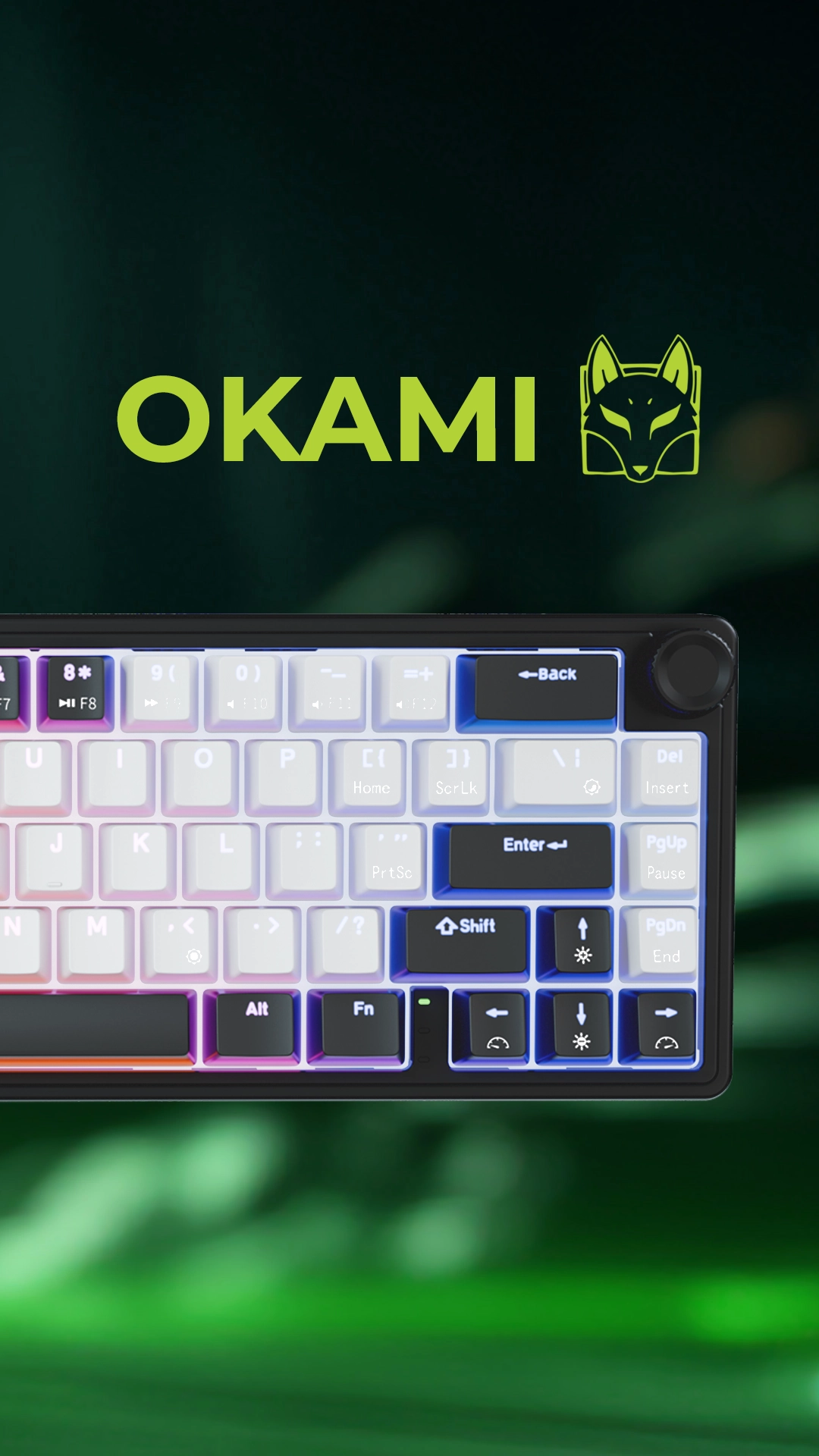 Imagen promocional del teclado Okami EX65 con retroiluminación RGB y logotipo de la línea Okami.