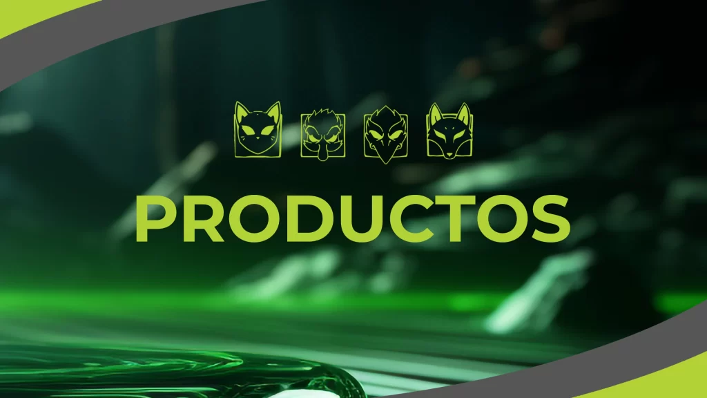 Imagen cabecera con la palabra "PRODUCTOS" en verde lima y los íconos de las líneas Tengu sobre fondo oscuro.