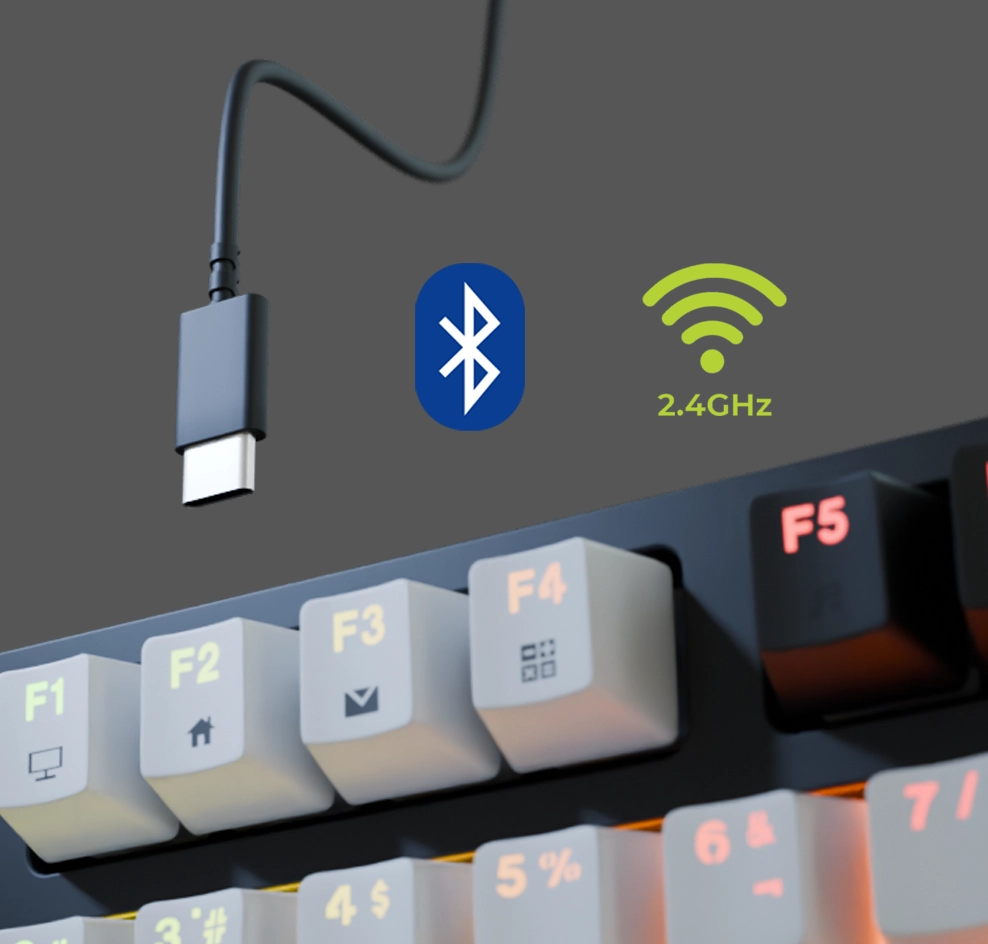 Detalle del teclado Yokai EX80 con íconos de triple conexión: Bluetooth, Wi-Fi 2.4 GHz y cable USB-C.