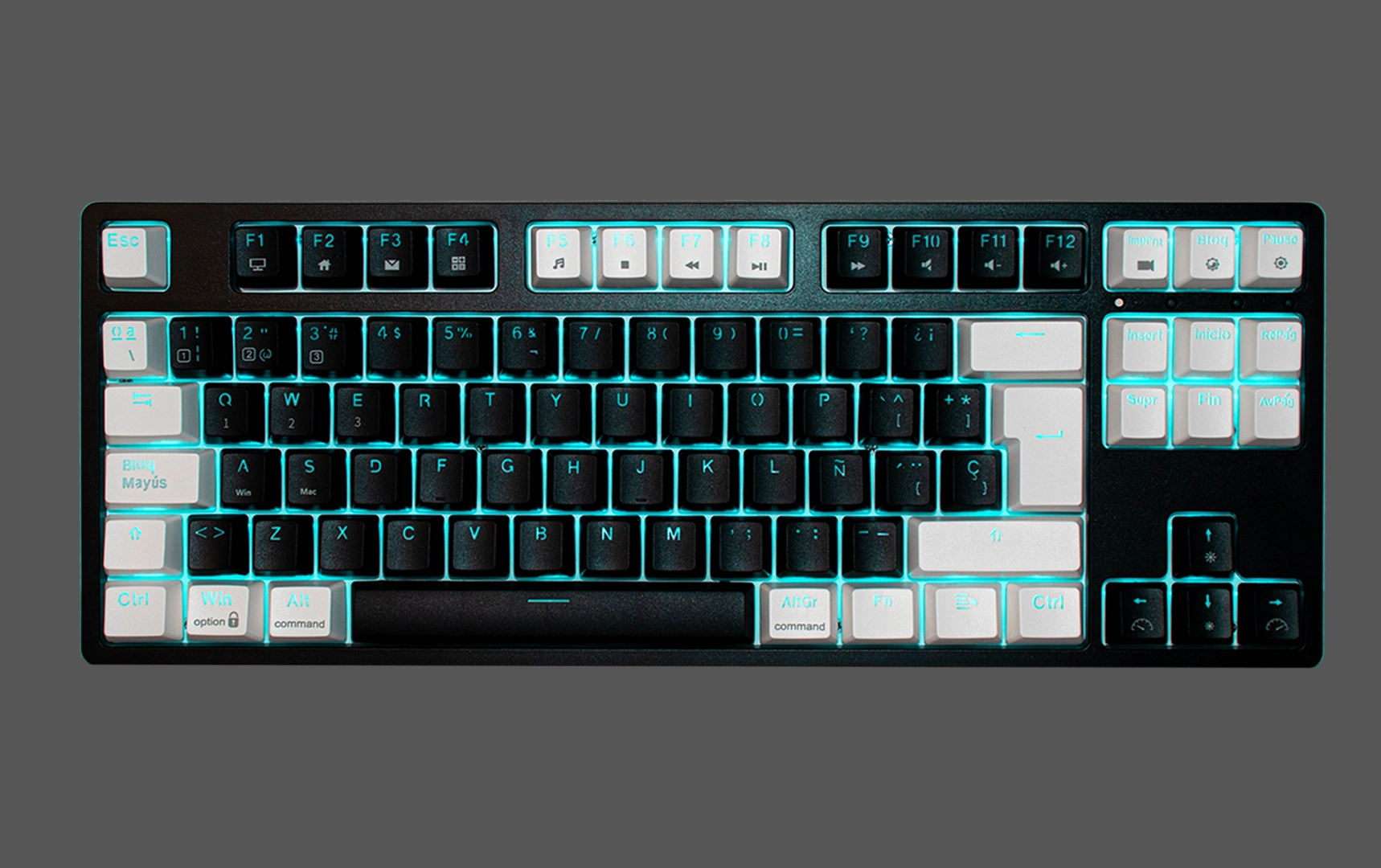 Vista superior del teclado mecánico Yokai EX80 con distribución TKL, iluminación RGB turquesa y keycaps en blanco y negro.